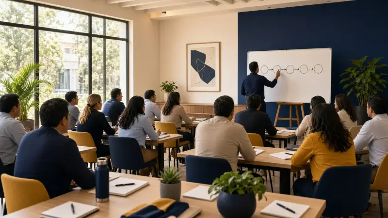 Ilustración de un taller de ventas: un facilitador explica un proceso frente a un equipo en una sala.