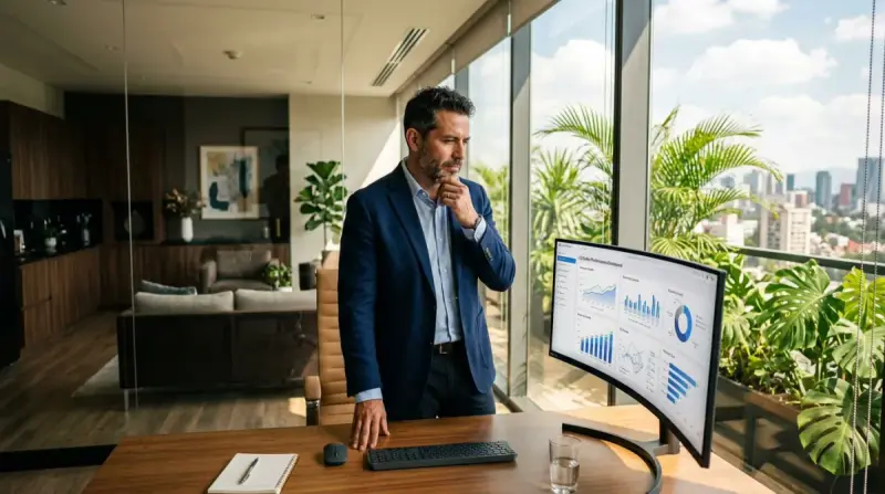 Director comercial revisando el desempeño de su equipo de ventas apoyado en inteligencia artificial