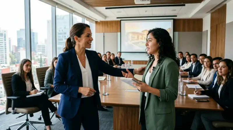 Facilitador corrigiendo el desempeño de un equipo de ventas inmobiliario en capacitación
