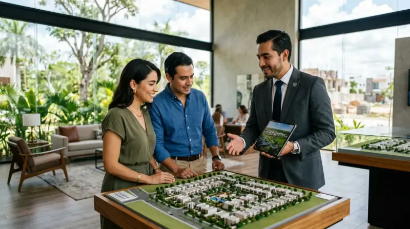Asesor de ventas mostrando un desarrollo inmobiliario a compradores con enfoque consultivo