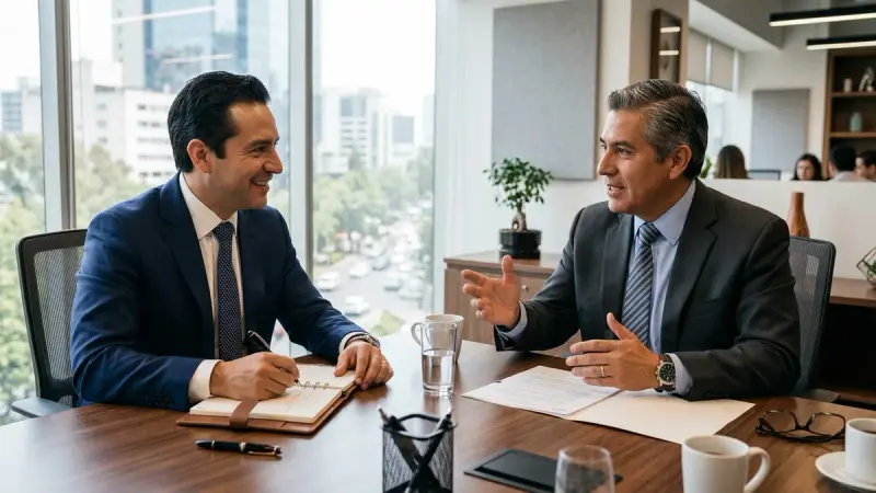 Dos empresarios negocian un acuerdo comercial en una sala de juntas.