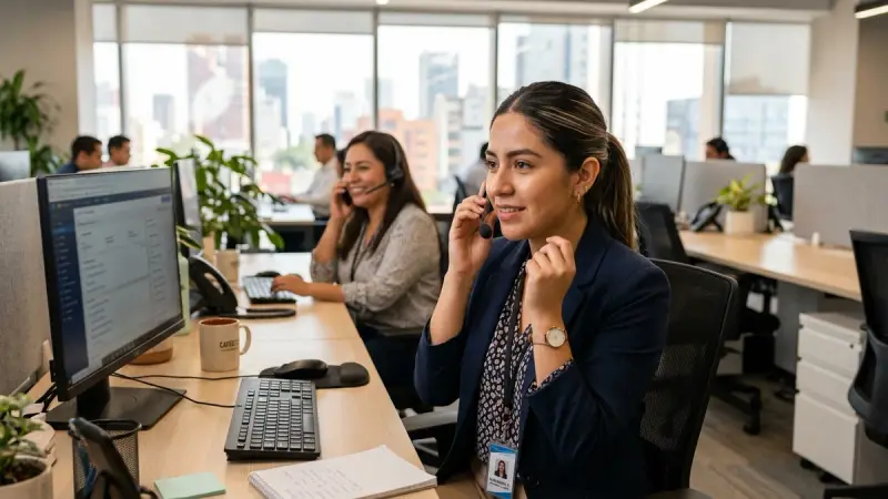 Ejecutiva de servicio al cliente atiende una llamada con empatía.
