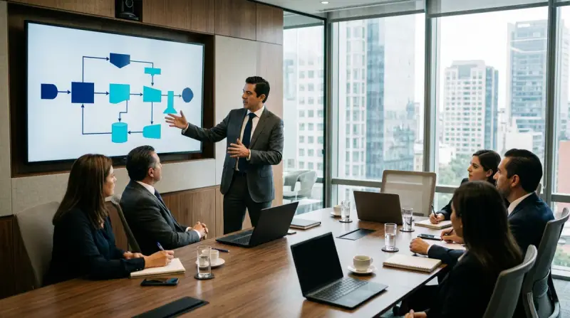 Equipo comercial en una reunión revisando un proceso de ventas con inteligencia artificial.