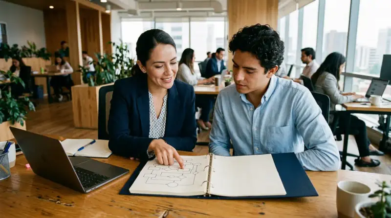 Gerente de ventas y ejecutivo comercial revisando un manual operativo de procesos comerciales junto a su laptop