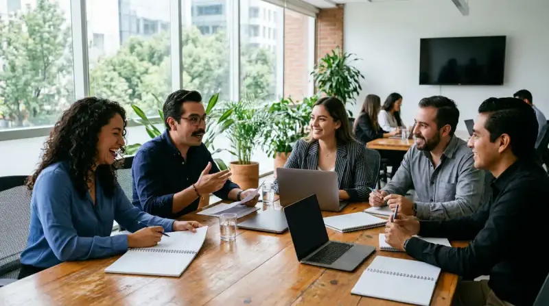 Equipo de ejecutivos comerciales mexicanos colaborando con laptops y cuadernos en mesa de juntas