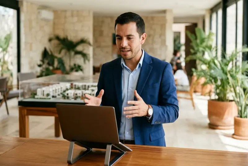 Asesor inmobiliario en sala de ventas en Mérida practicando presentación de proyecto residencial en su laptop
