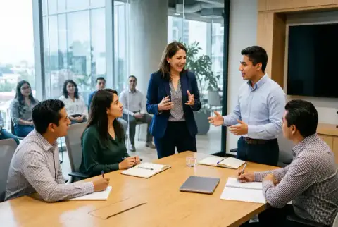 Facilitadora guiando ejercicio práctico de ventas consultivas con ejecutivos comerciales en sala de capacitación en México