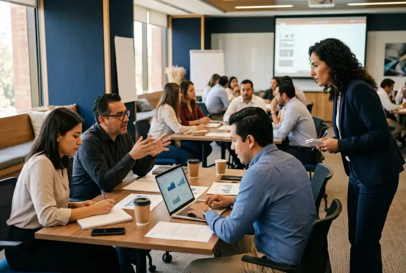 Taller presencial de ventas con participantes trabajando en grupos pequeños.