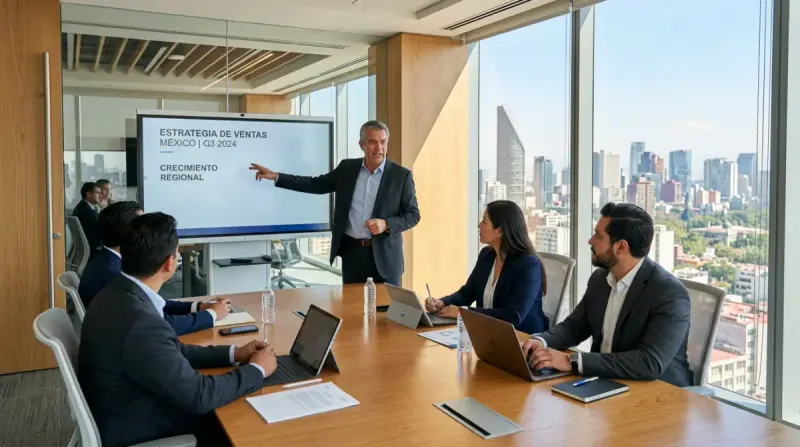 Instructor comercial guiando una sesión estratégica de ventas con directores comerciales en sala de juntas
