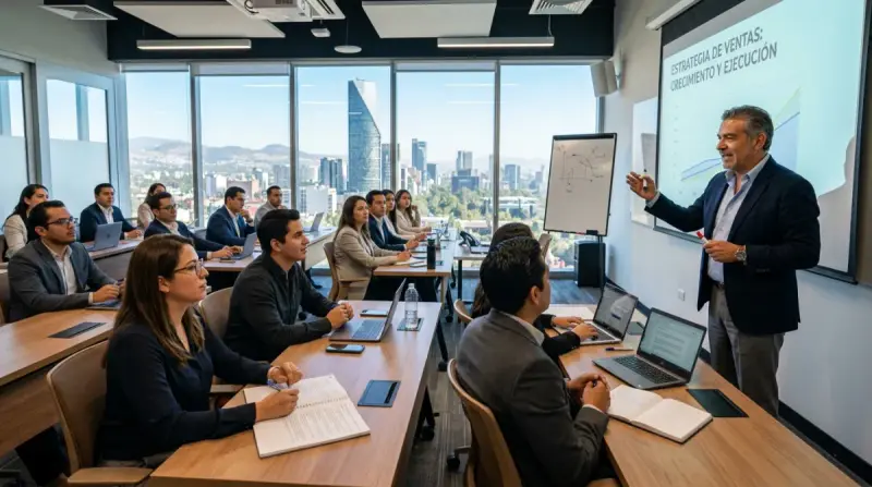 Instructor impartiendo taller de ventas con IA ante un grupo de participantes en un aula moderna con vista panorámica