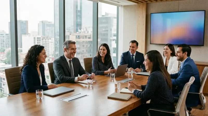 Equipo de ejecutivos comerciales mexicanos conversando en una reunión directiva en sala de juntas