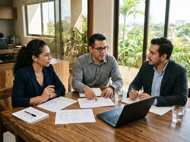 Directivos comerciales colaborando sobre metodología de ventas en sala de juntas en Mérida