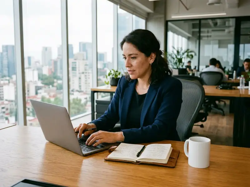 Directora comercial en su oficina en México revisando notas y solicitando cotización de taller de ventas en su laptop