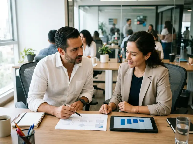 Director comercial y gerente de recursos humanos analizando propuesta de capacitación de ventas en su oficina