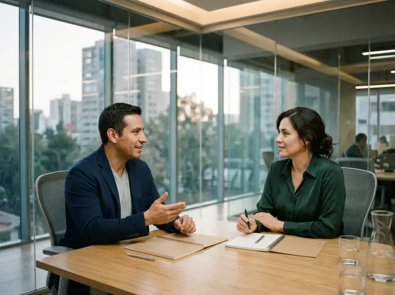 Consultor de ventas y director comercial en reunión de alineación previa al taller en sala de juntas