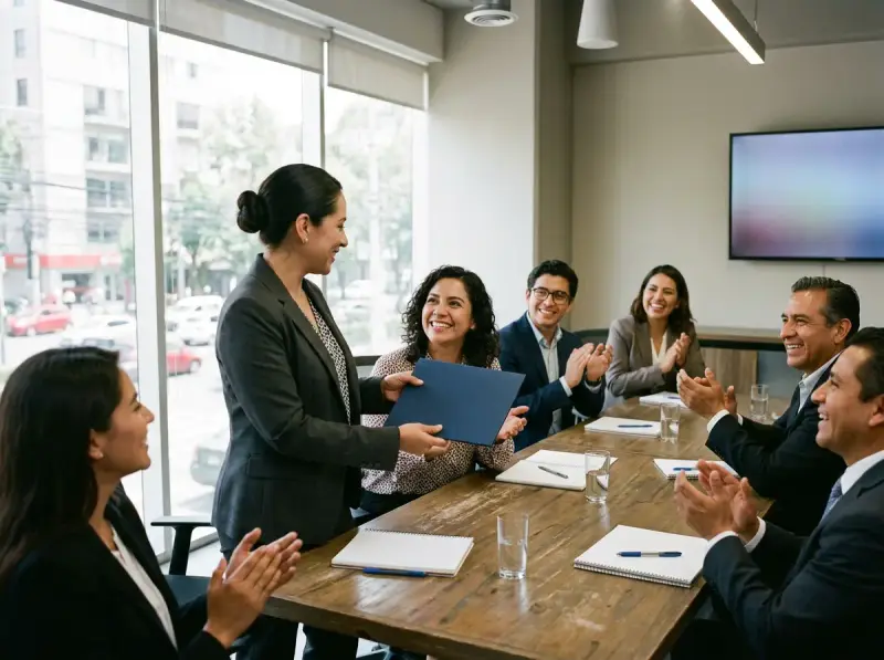Instructor entregando carpeta de trabajo y constancia al concluir un taller corporativo de ventas en México