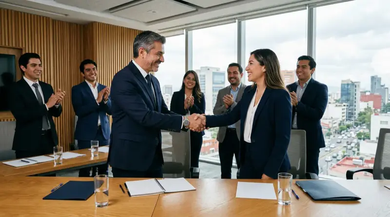 Director comercial estrechando la mano de una ejecutiva de ventas junto a su equipo al concluir el programa de 90 días