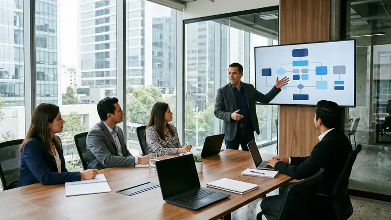 Facilitador e integrantes de un equipo comercial en sesión de diagnóstico y taller de ventas en sala de juntas