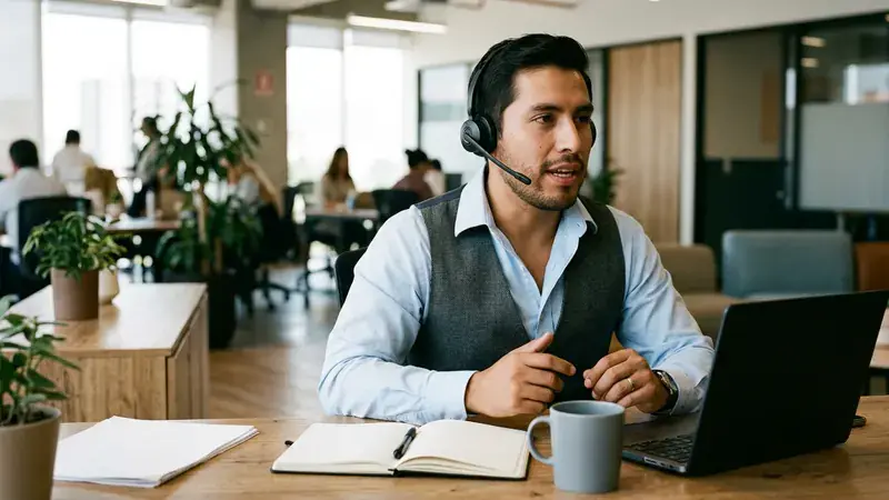 Ejecutivo de ventas en México con diadema practicando manejo de objeciones e indagación en su escritorio