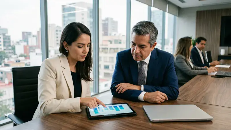 Consultora comercial y director de empresa revisando indicadores de preparación de su equipo de ventas en sala de juntas
