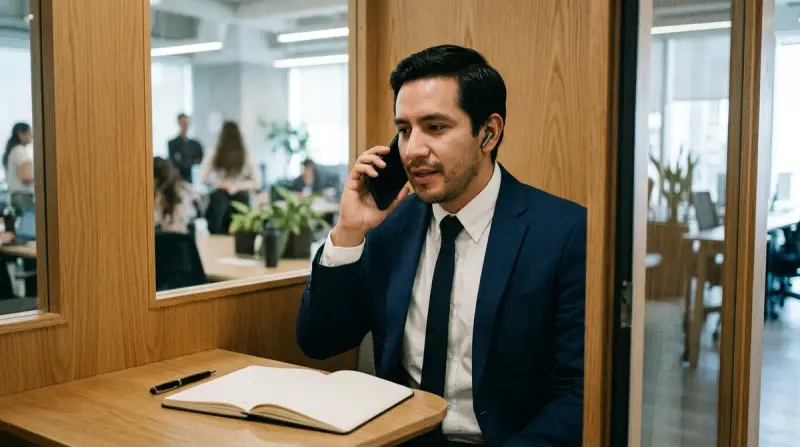 Ejecutivo de ventas mexicano practicando su conversación comercial por voz en su teléfono con notas antes de una cita