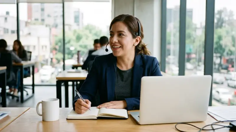 Ejecutiva de ventas con diadema telefónica practicando una simulación comercial en su laptop en oficina corporativa