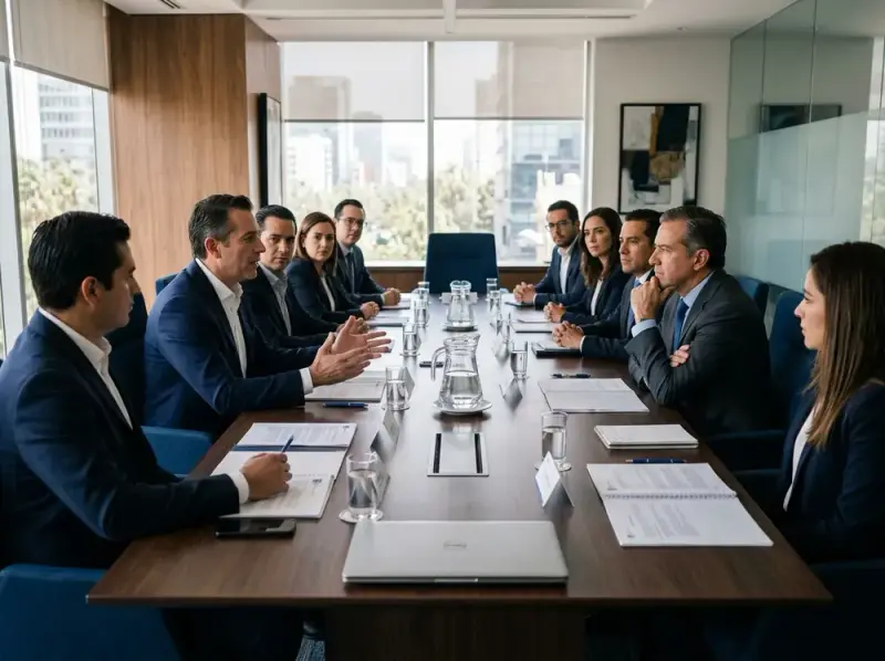 Dos equipos negocian un acuerdo comercial en una sala de juntas.