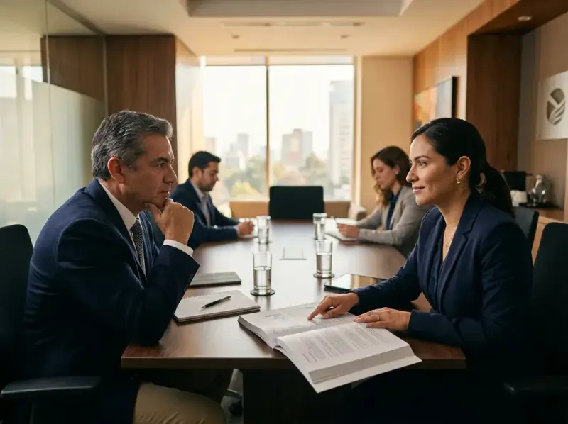 Vendedora responde con calma la objeción de un cliente en una reunión.