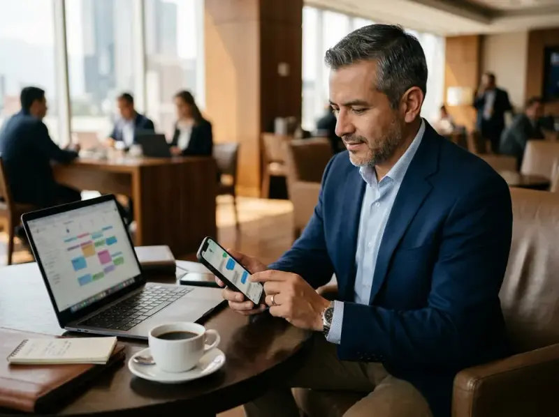 Vendedor revisa en el teléfono y en la laptop el seguimiento de un prospecto.