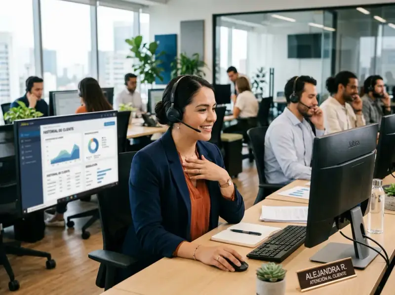 Ejecutiva de servicio al cliente atiende una llamada con empatía.