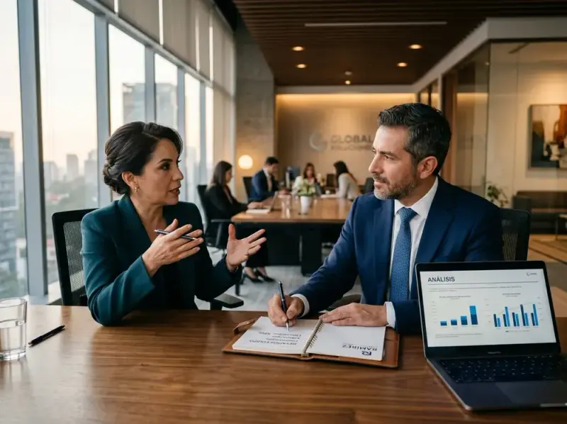 Vendedor escucha a una clienta durante una reunión de venta consultiva.
