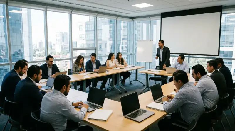 Profesionales de ventas trabajando en parejas con laptops y cuadernos en sala de capacitación corporativa en México