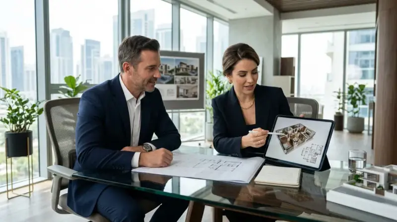 Comprador revisando renders de un desarrollo inmobiliario en preventa