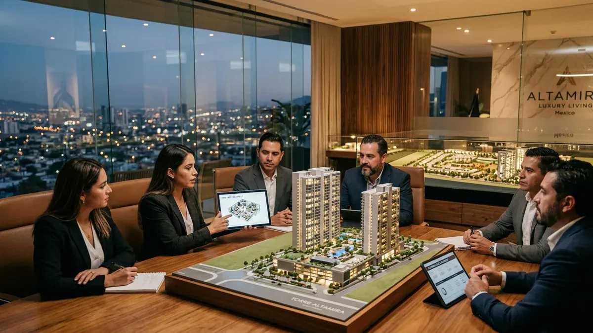 Asesores inmobiliarios capacitándose con maquetas de desarrollos y tablets con IA