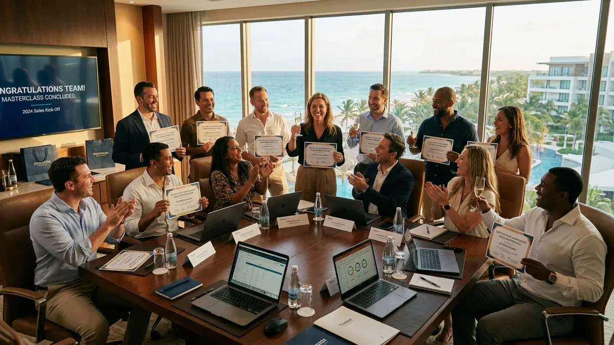 Equipo de ventas capacitado celebrando resultados de su taller